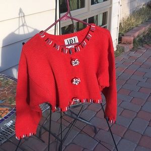 Red beaded midriff knit sweater